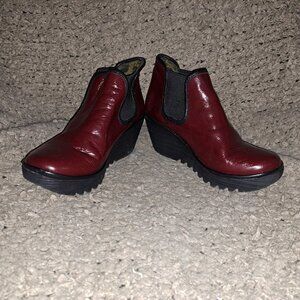 FLY LONDON-YAT-Brick Red Patent Leather Booties-Wedge-Pull-On-Sz 38-Excellent